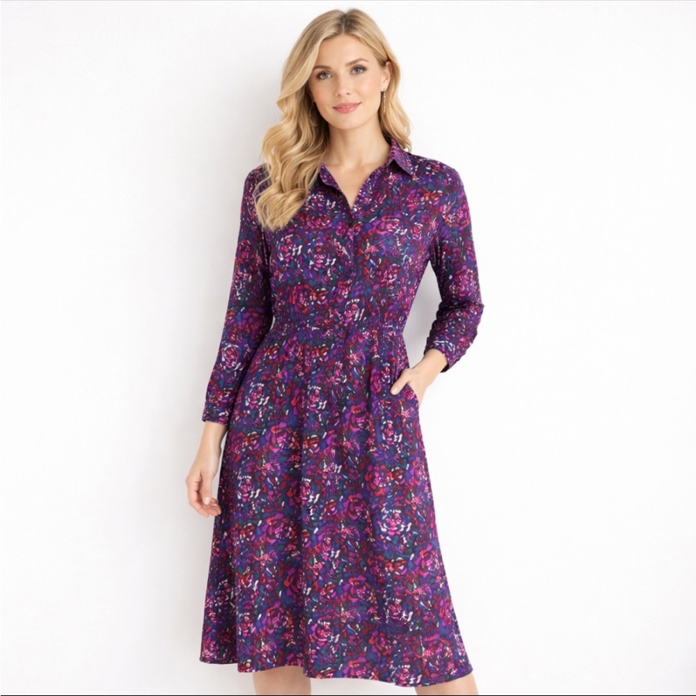 FatFace Abstract Floral Midi Shirt Dress Long Sleeve Pockets Womens 4